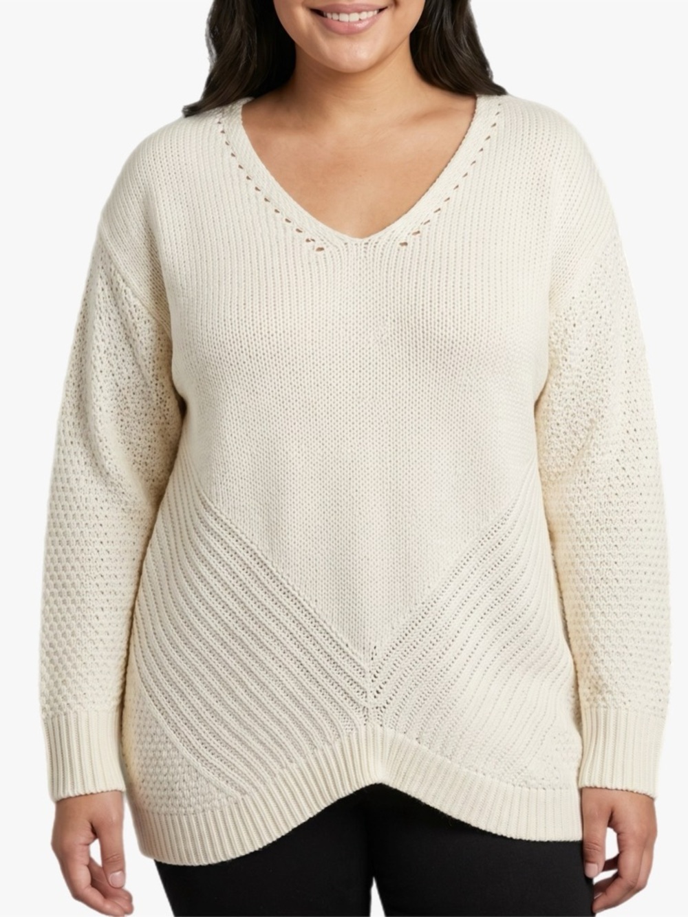True Craft Ivory V-Neck Knit Sweater Pullover Women's Plus Size 3X
